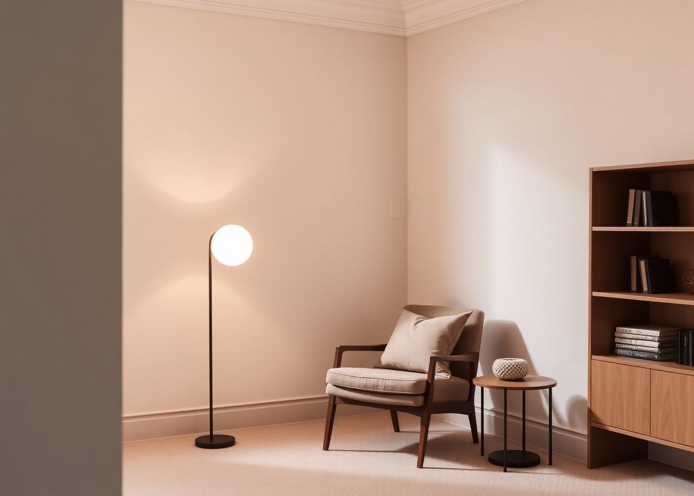Coin salon minimaliste avec fauteuil, lampadaire et étagère en bois clair
