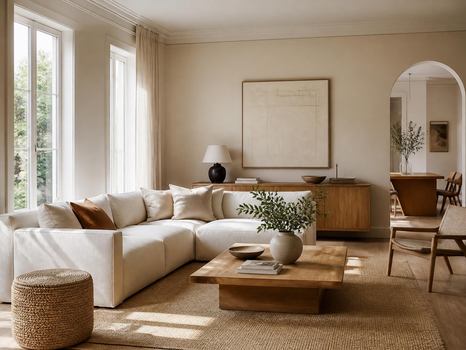 Salon contemporain aux tons ivoire et bois naturel, meublé avec sobriété